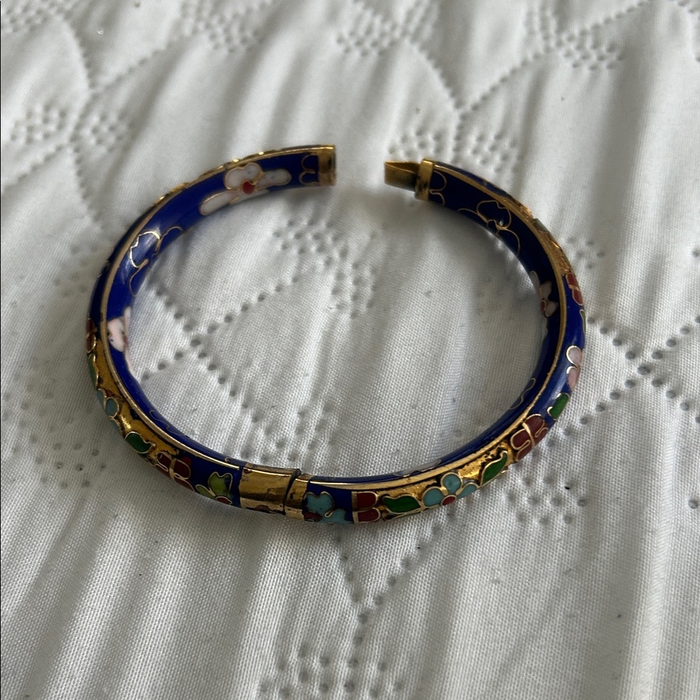 Cloisonné Floral Enamel Hinged Bangle Bracelet - Blue
